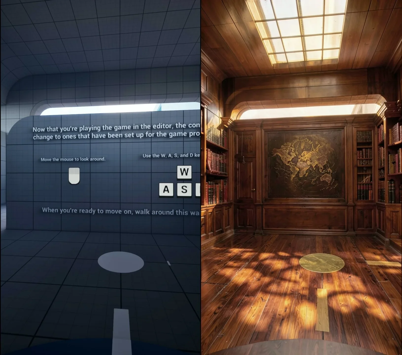 Before and after: the grey Unreal Engine layout frame on the left, and the same frame finished by LTX 2.5 Layout-To-Render on the right as a wood-panelled library with a carved world-map panel
