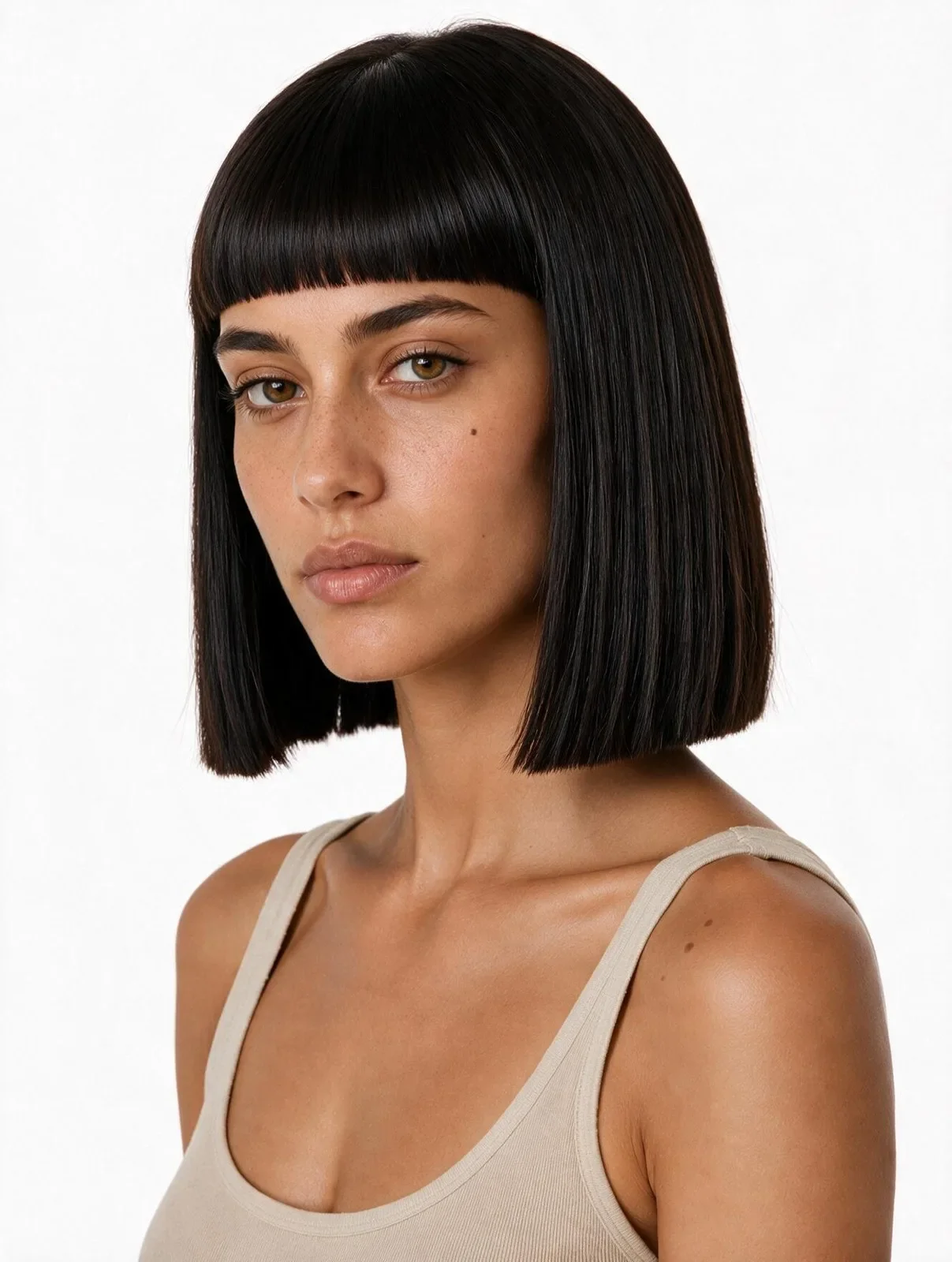 Three-quarter close-up portrait of synthetic model Miranda Calder with a sharp jaw-length blunt black bob and dense fringe