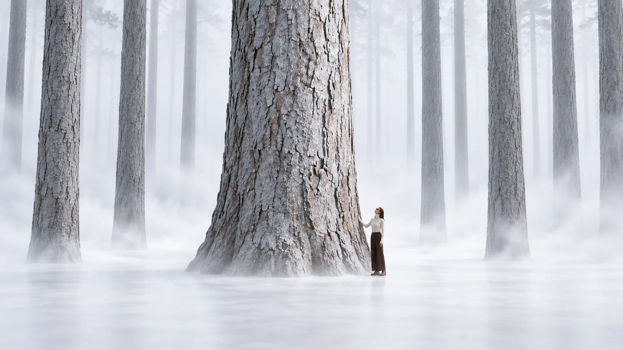 Still from the OMNI Labs GRAUWALD film: a small figure at the foot of a giant pine in a white, fog-filled forest