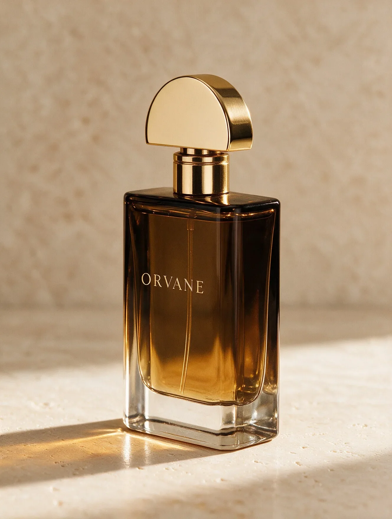 Studio packshot of the fictional Orvane perfume bottle rendered at a three-quarter angle derived from an approved master