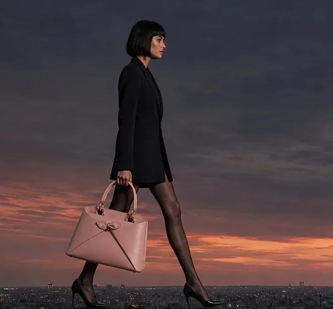 Crop of a rejected frame: a giant model carries an oversized pink handbag with two handles instead of one