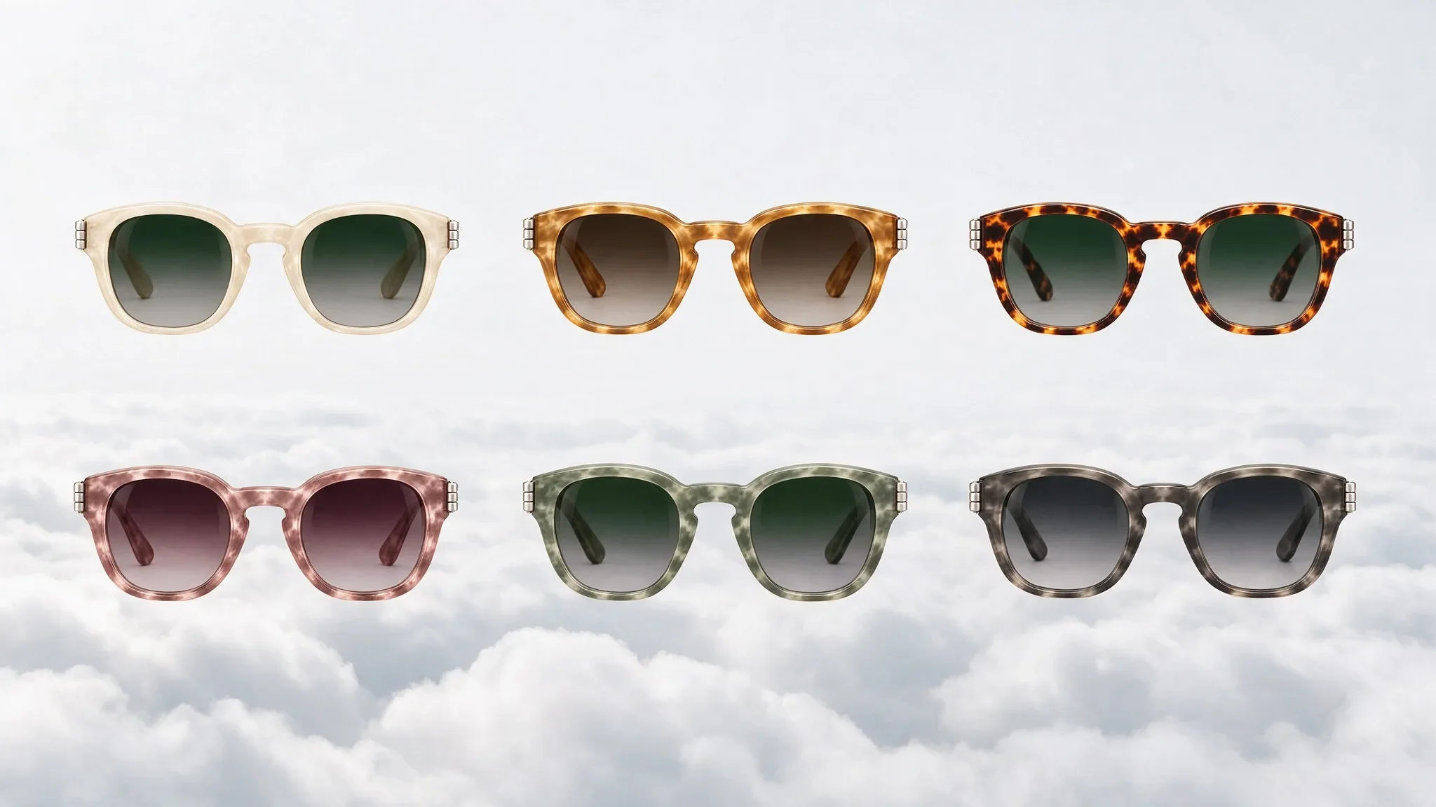 Six colourways of an acetate sunglasses frame floating above clouds, seen from the front