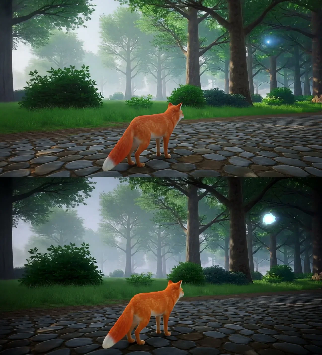 Before and after of the same AI forest frame: top ungraded, bottom with a cooler forest and a warmer, more saturated red fox and glowing fireflies