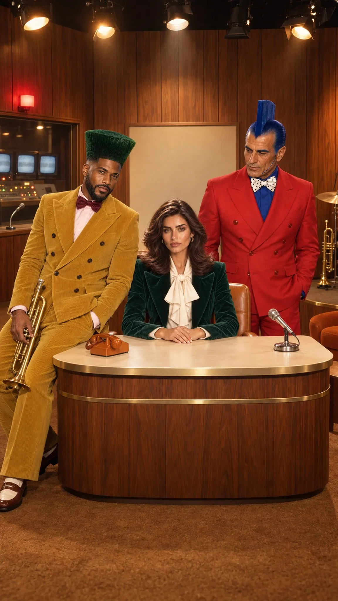 Livia Serrano at a walnut talk-show desk with Desmond Reid and his trumpet and Augustin Ferreira in red, on a 1977 studio set
