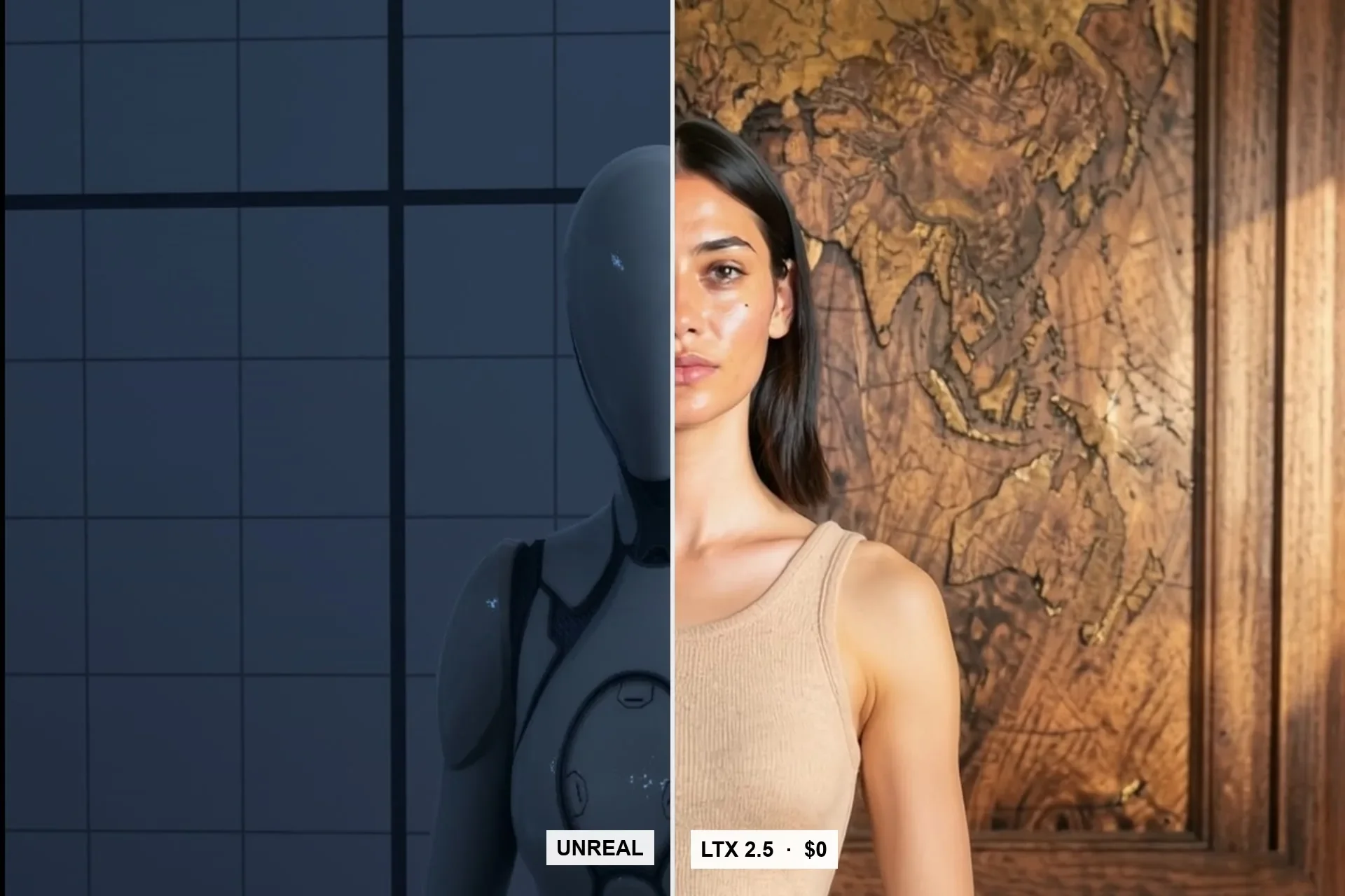 One frame split down the middle: on the left an Unreal Engine grey mannequin in an empty blocking set, on the right the same frame as a finished LTX 2.5 shot of a woman in front of a carved wooden world map