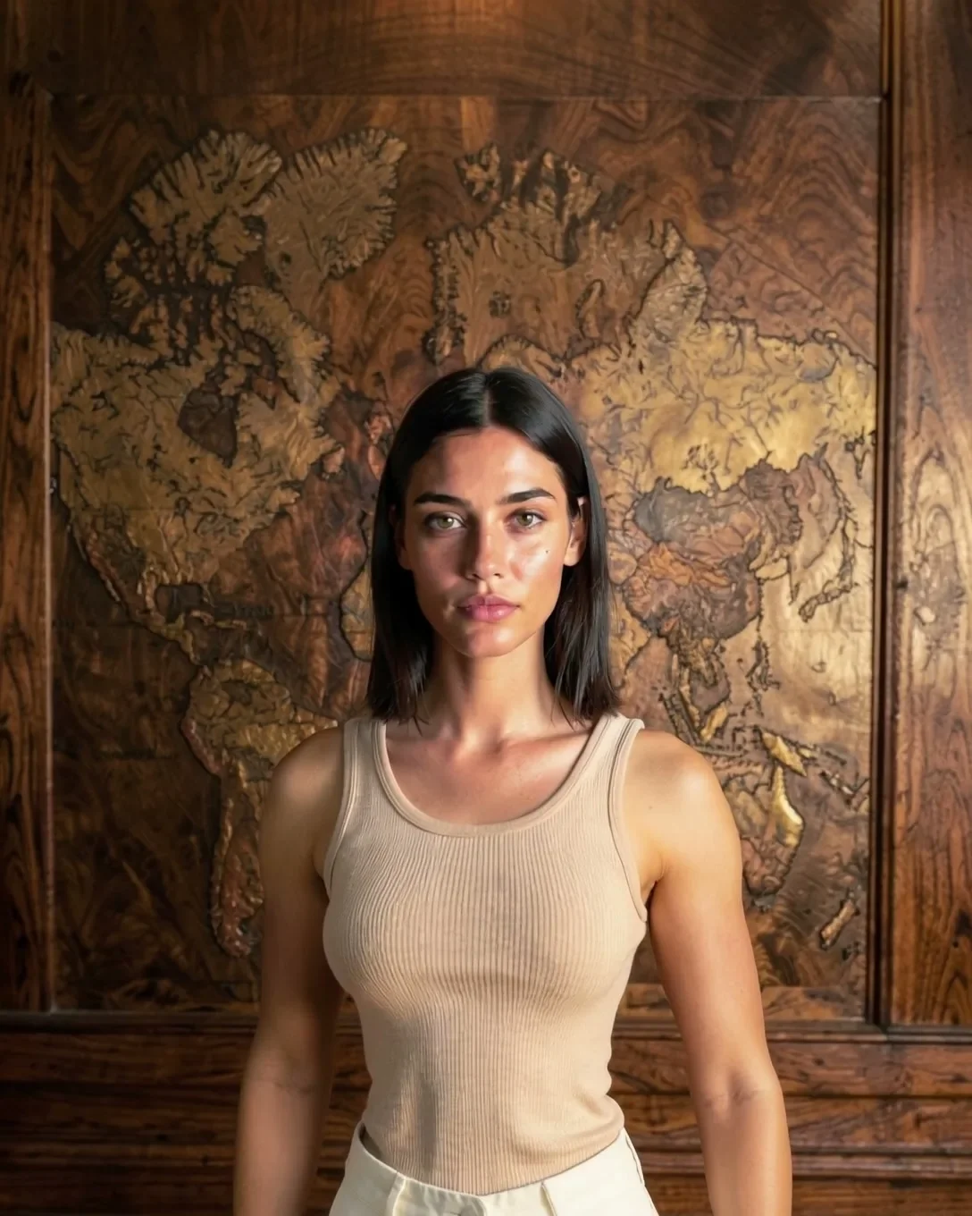 AI-generated talent Miranda Calder, dark shoulder-length hair, in a ribbed beige tank top and cream trousers, standing in front of a carved wooden world-map panel