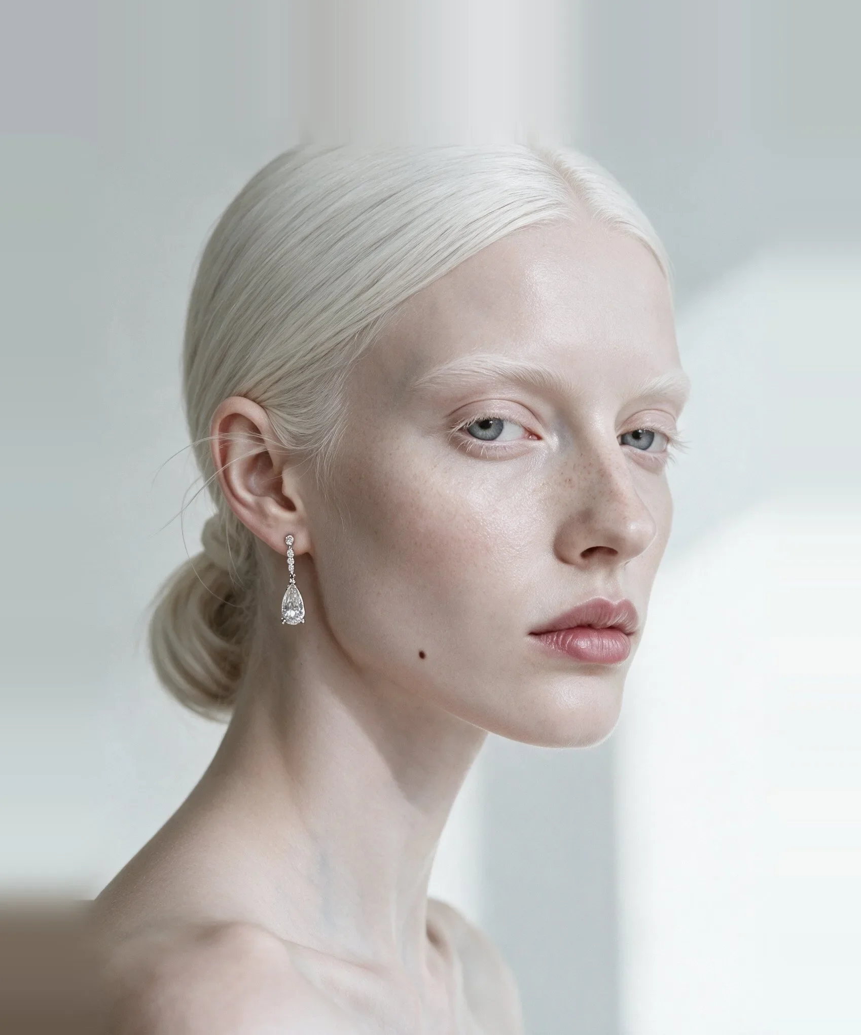 Beauty close-up of synthetic model Milena Lindqvist: pale skin with freckles and fine texture, side-lit