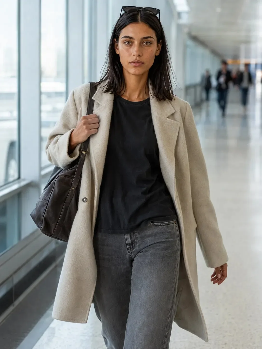 Synthetic model Miranda Calder walking forward through an airport terminal corridor in a beige coat and shoulder bag