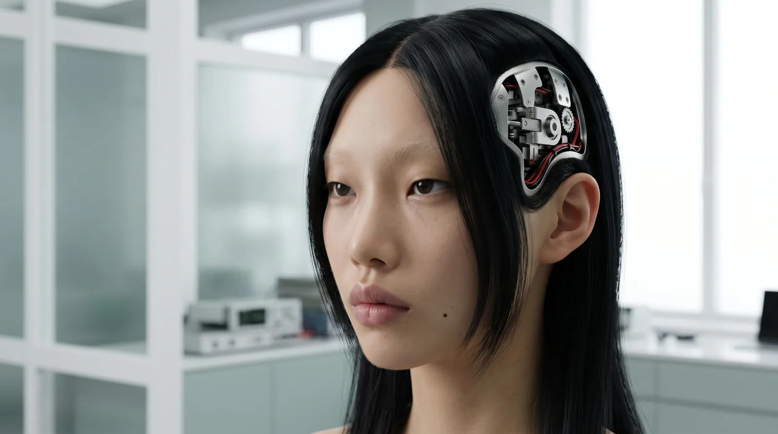 A synthetic face at rest in a laboratory, a small service panel open at the temple.