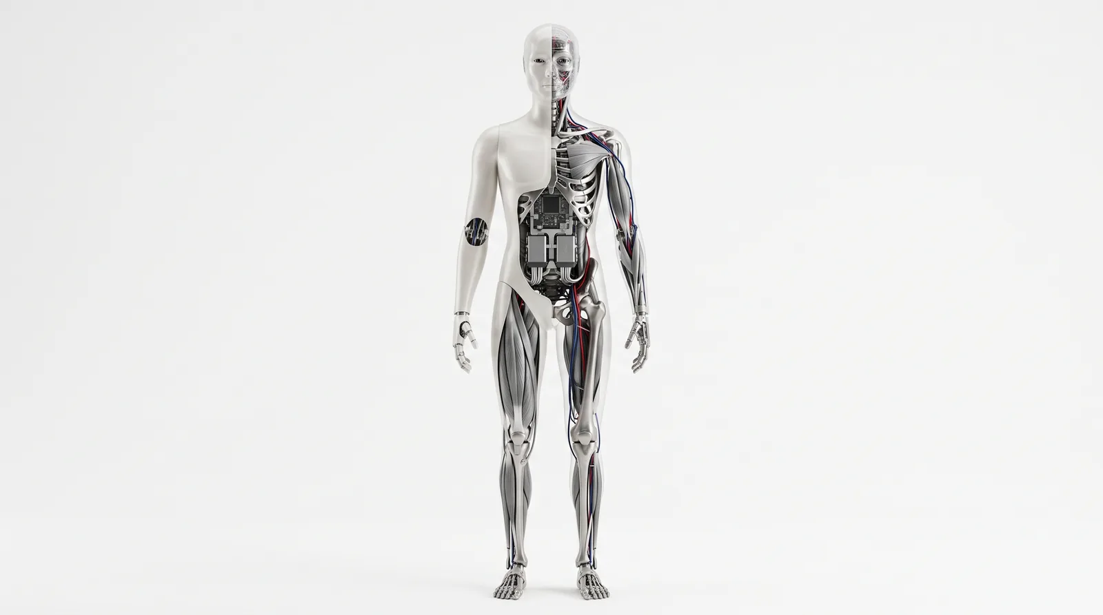A half-section study of a humanoid body: outer shell on one side, structure and actuation on the other.