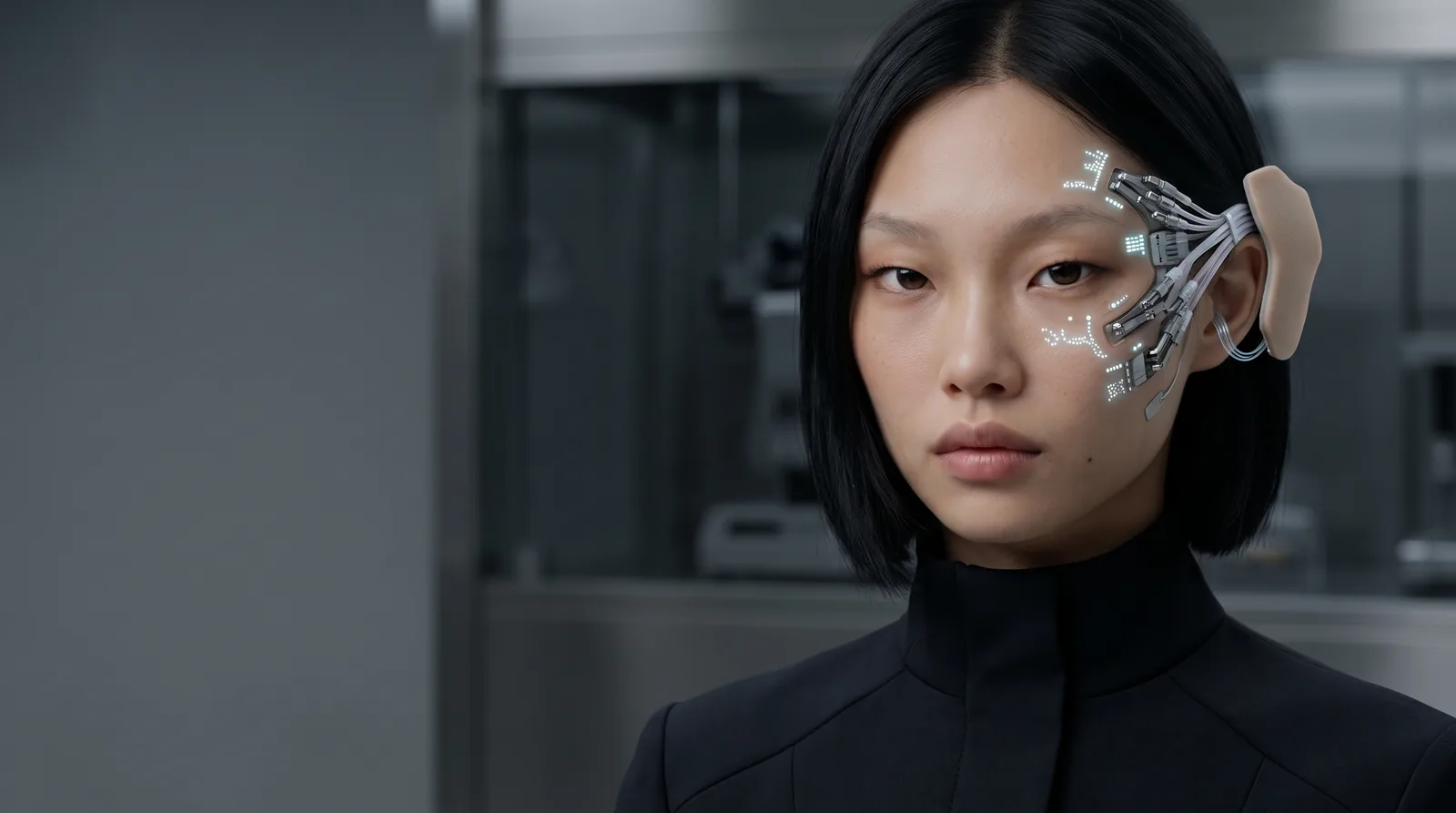 Calibration probes held against a synthetic face, tracking markers lit across the cheek and brow.