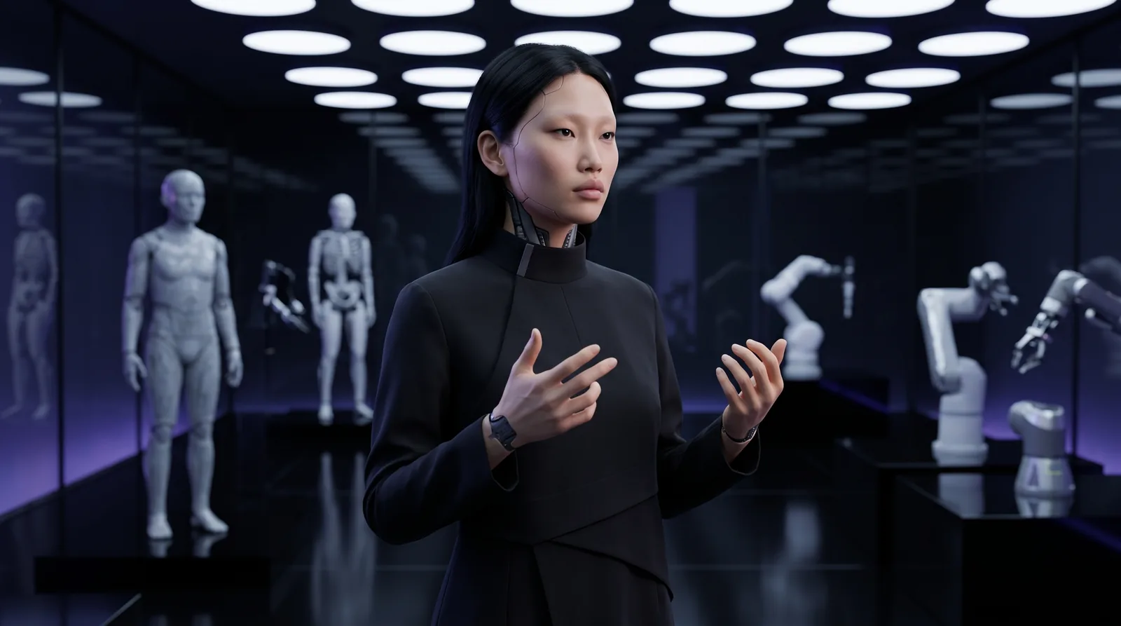 A figure mid-sentence in a dim gallery, hands raised in gesture, structural bodies standing in cases behind.