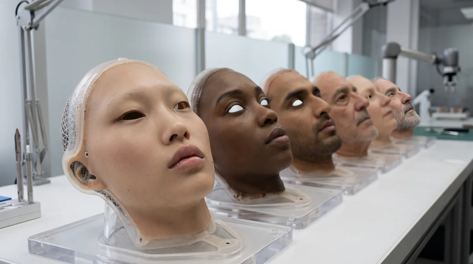 A row of synthetic face shells on a laboratory bench, each a different person, one with its eyes finished and the rest blank.