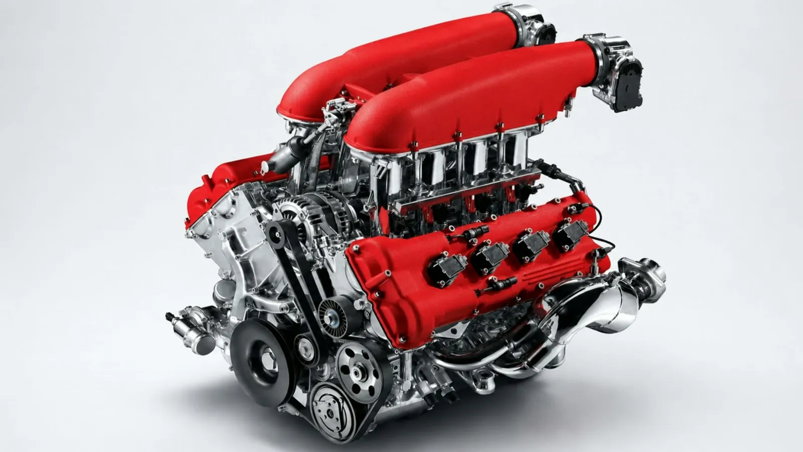 APEX GT — the assembled V8 engine, first frame of the scroll-scrub teardown sequence