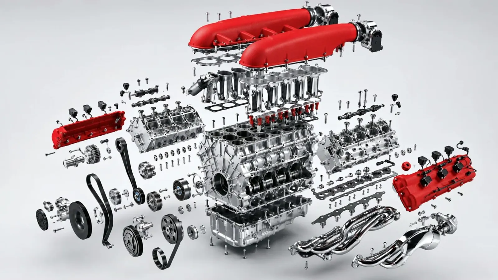 APEX GT — the fully exploded V8 teardown, every part separated in mid-air