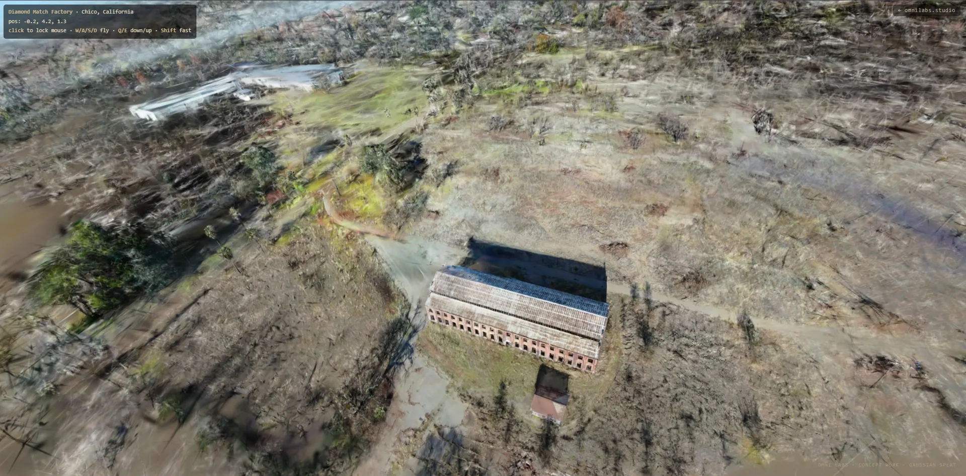 Diamond Match Factory — wide aerial site context reconstructed from the drone orbit