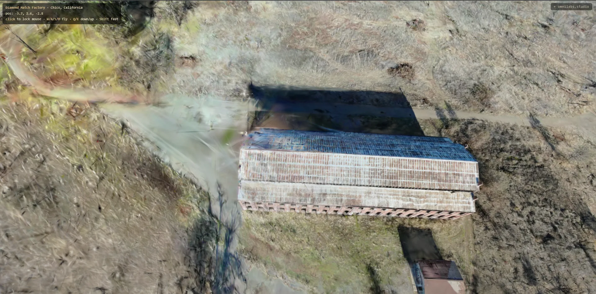 Diamond Match Factory — near top-down roof detail in the Gaussian splat