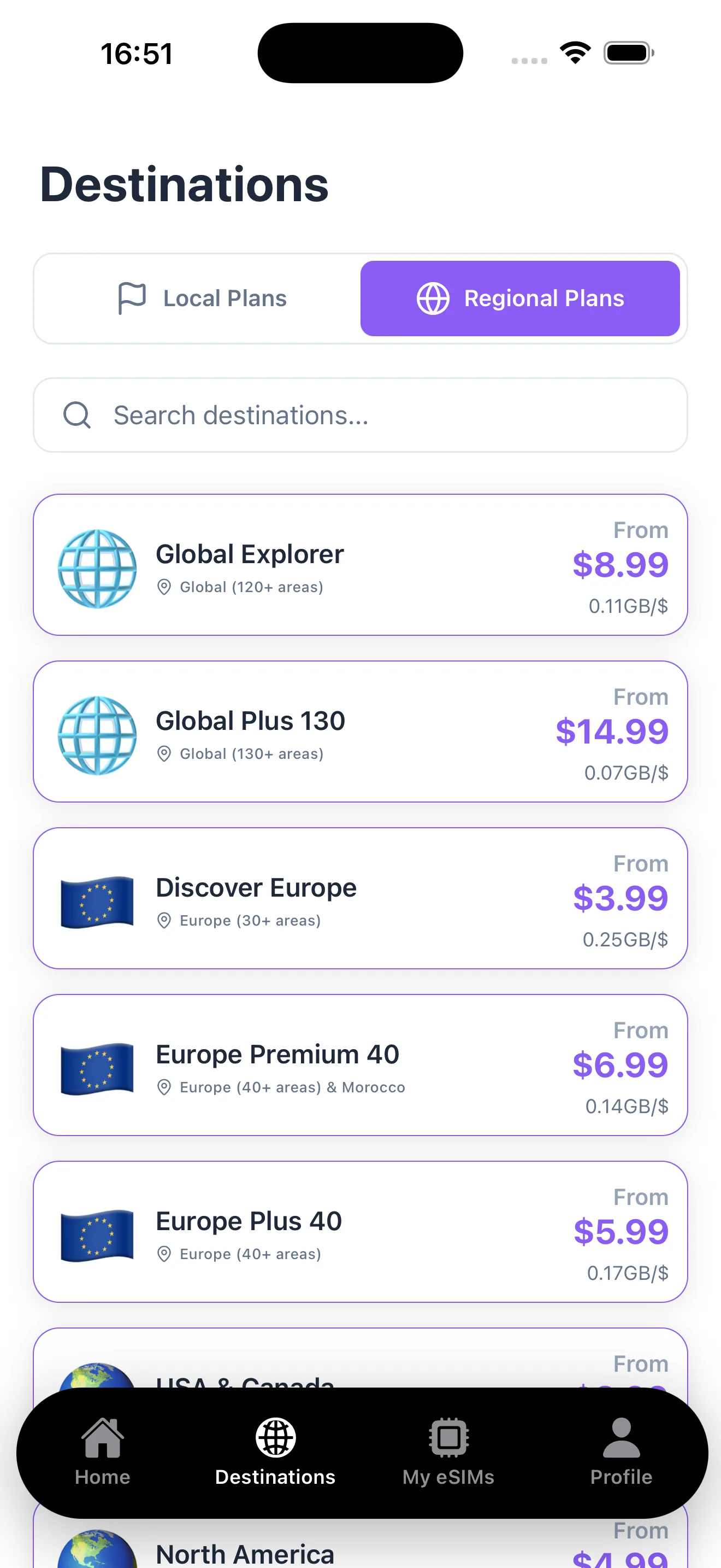 Destinations screen of the eSIM application, listing regional data plans with per-gigabyte pricing.