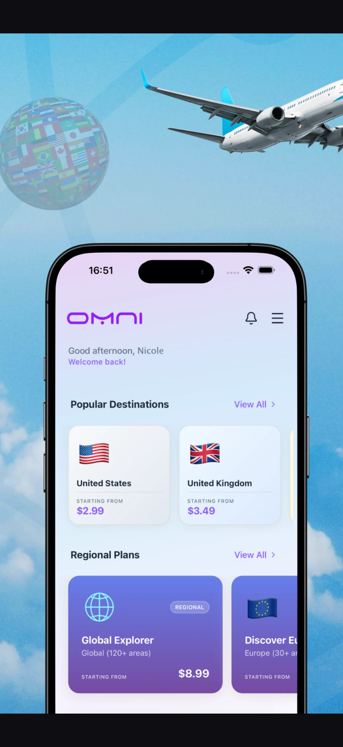 The OMNI eSIM application home screen: popular destinations and regional data plans with starting prices