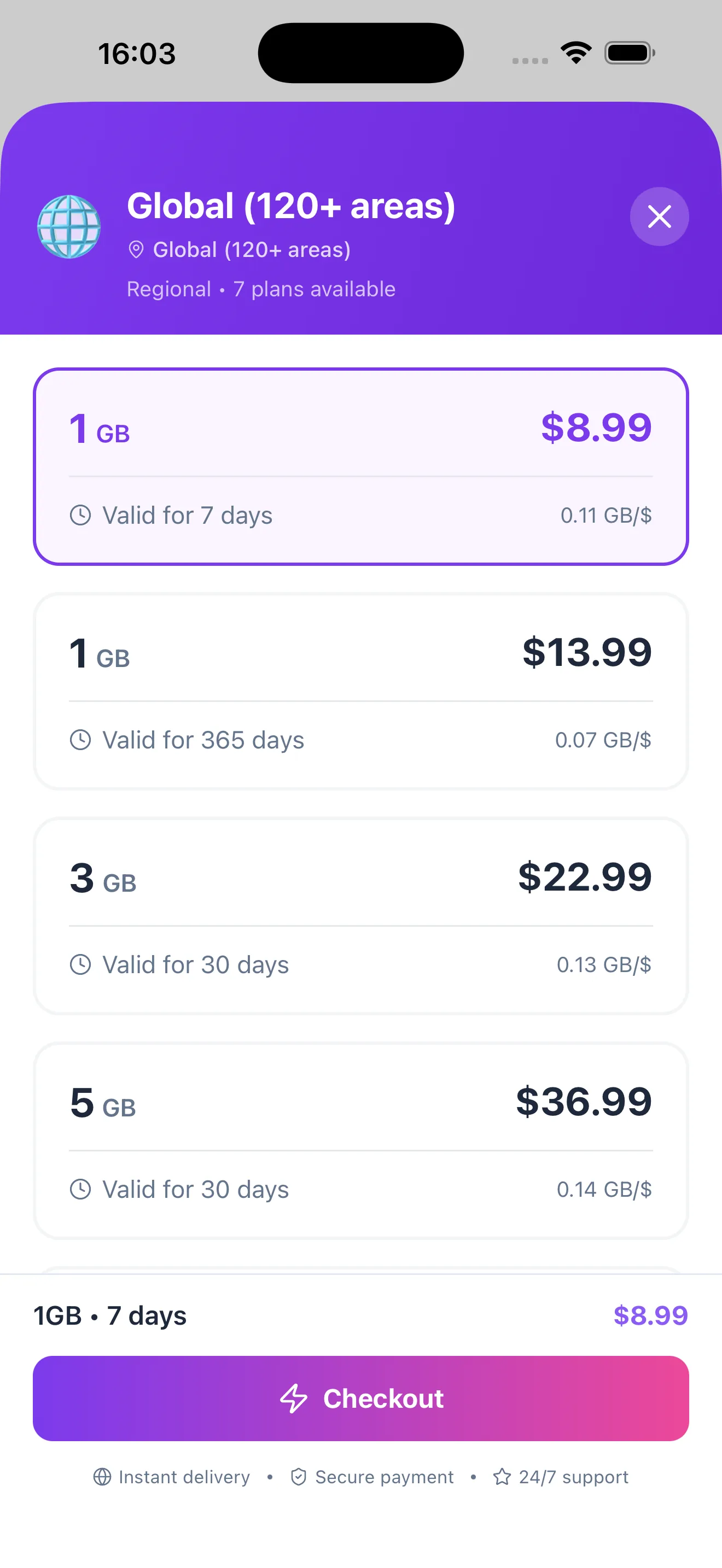 Plan selection screen showing data bundles, validity periods and checkout.
