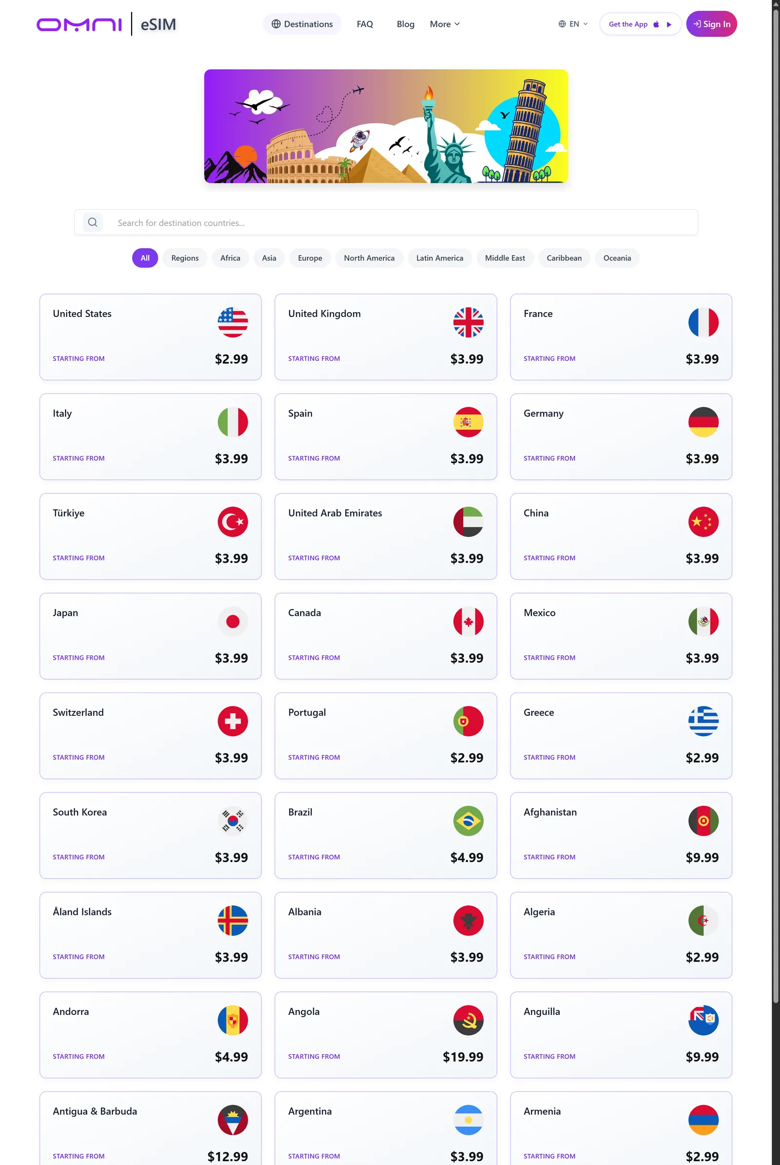 The destination catalogue: search, regional filters and dozens of country cards with starting prices.