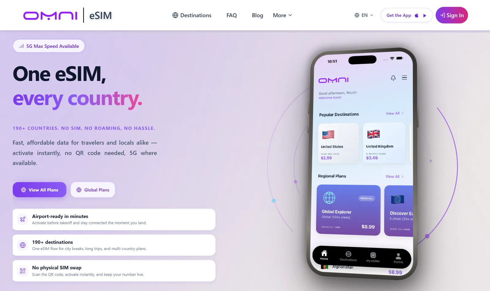 The eSIM storefront home page: headline, coverage claim, feature cards and an application preview.