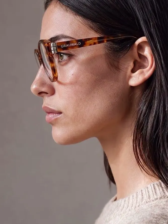 Film still — the finished frame worn in profile