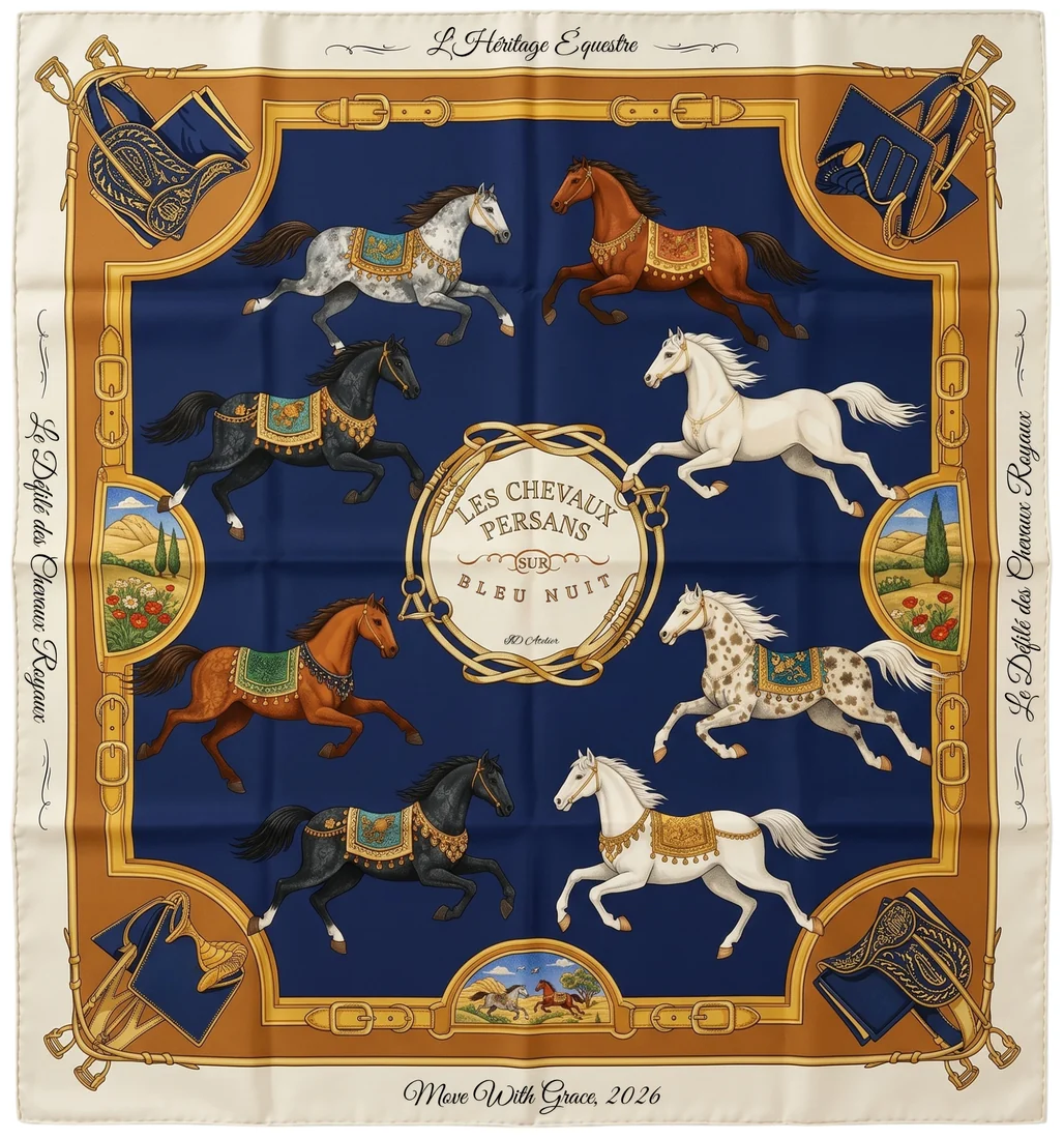 Les Chevaux Persans sur Bleu Nuit — carré design
