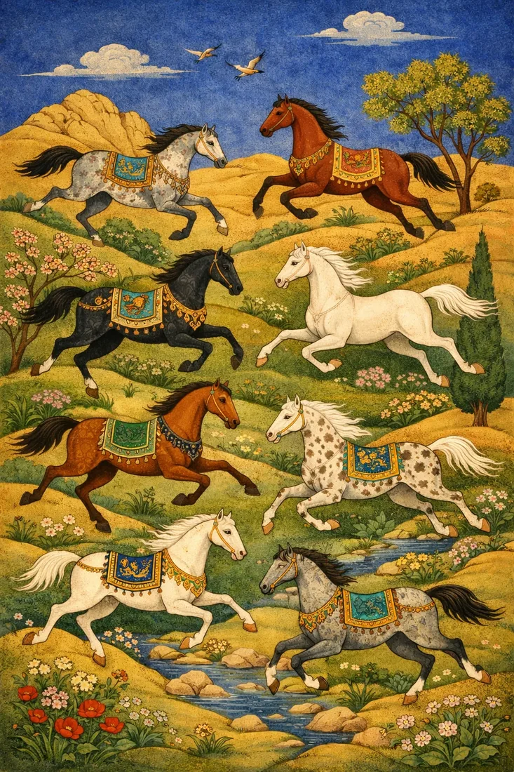 Painted composition study — the horses in landscape