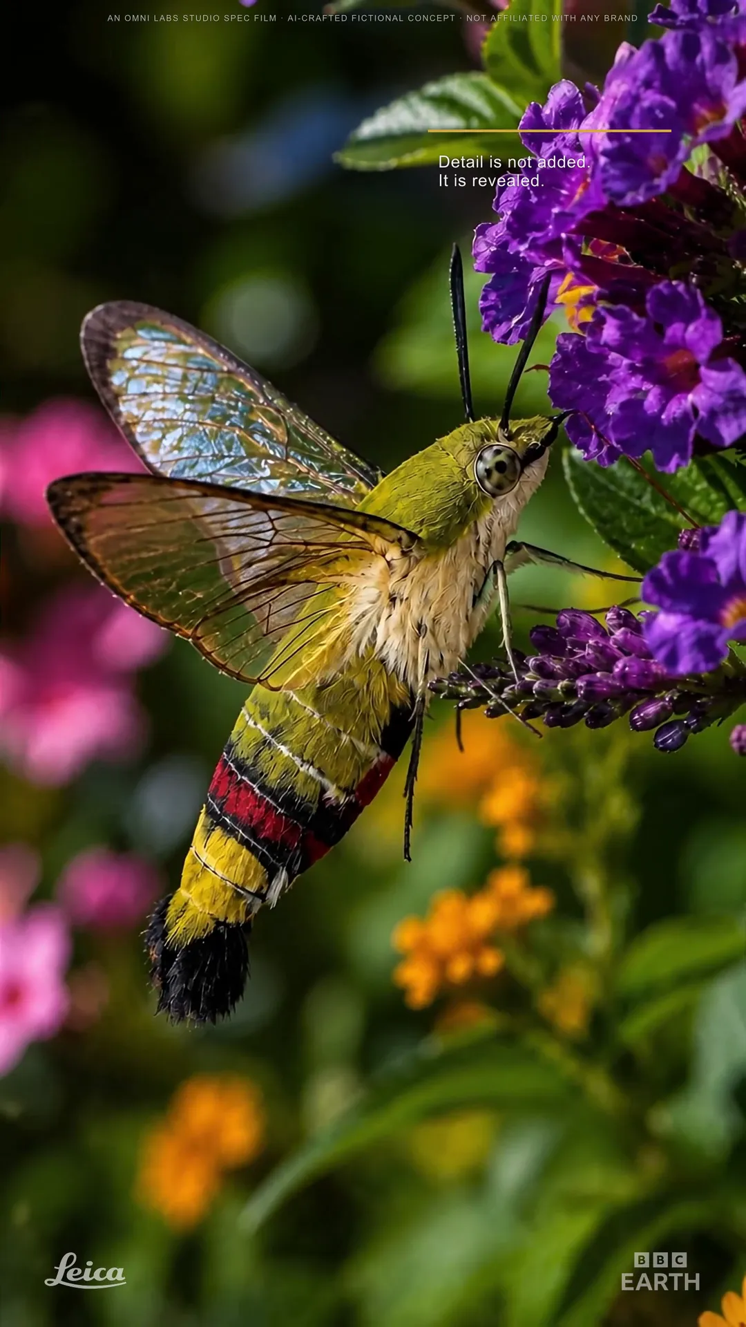 Tagline card layered over the hawk-moth in hover