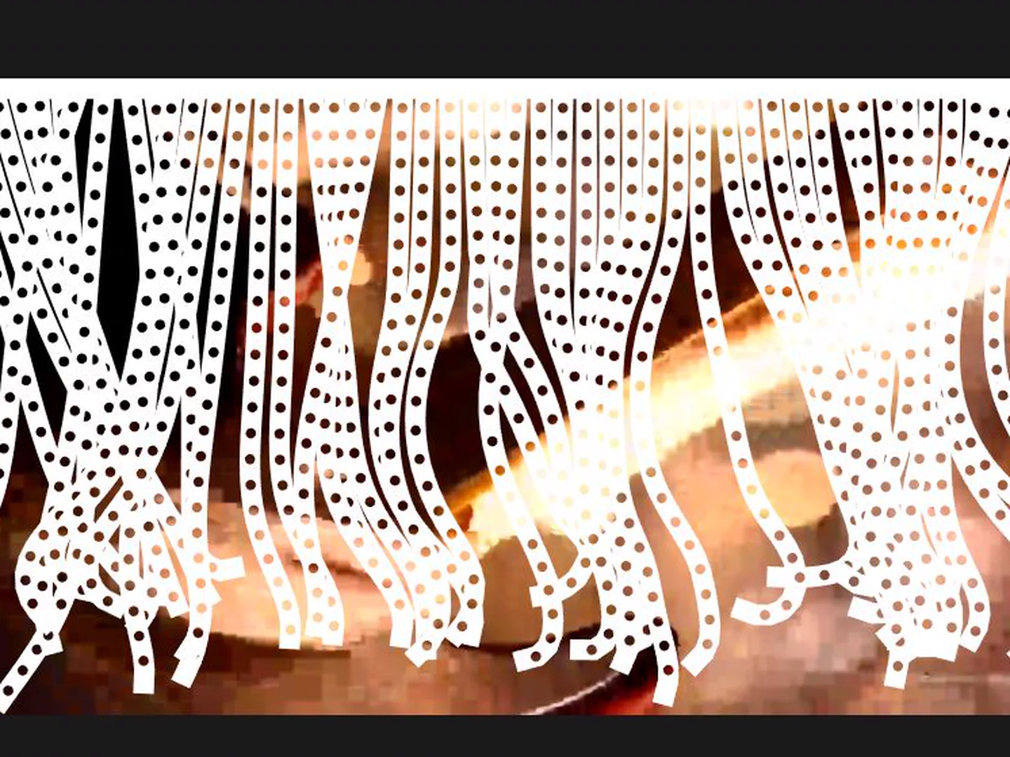 Another Brick in the Wall — a striped curtain torn open over a concert film